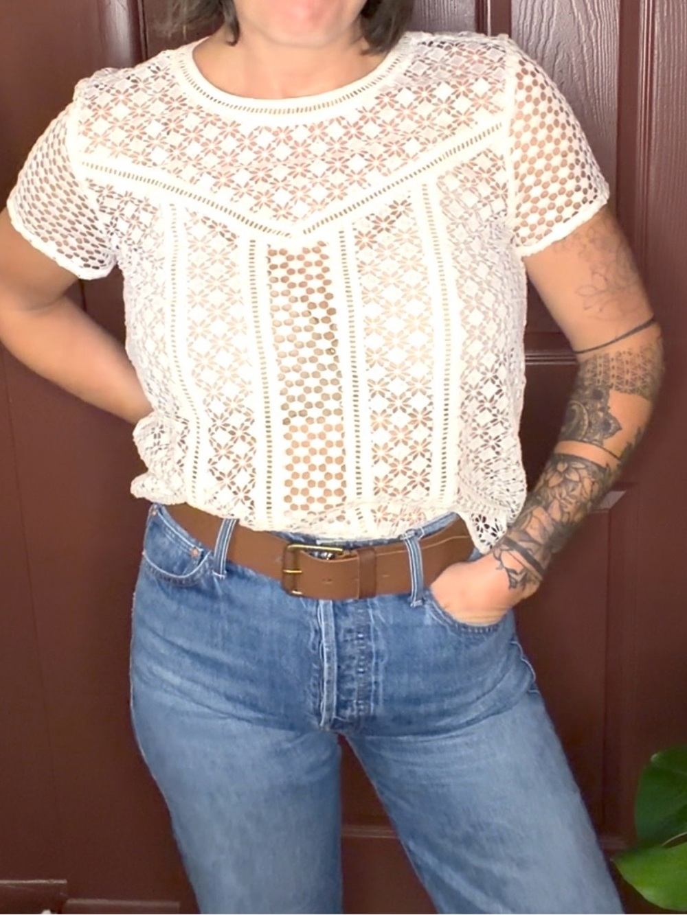 Abercrombie & Fitch Cream Crochet Lace Short-Sleeve Top